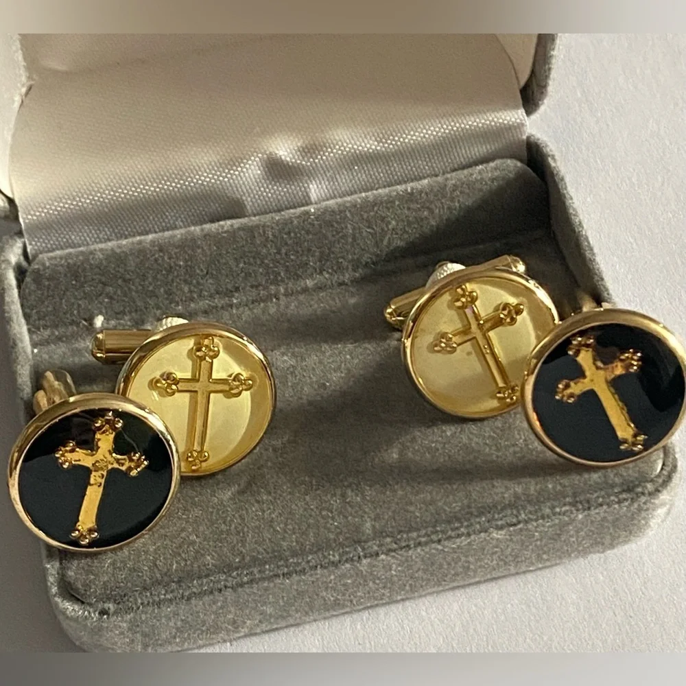 Emilio Ponti Roma Milano Gold and Black Budded Cross 2 Set of Cufflinks In Box